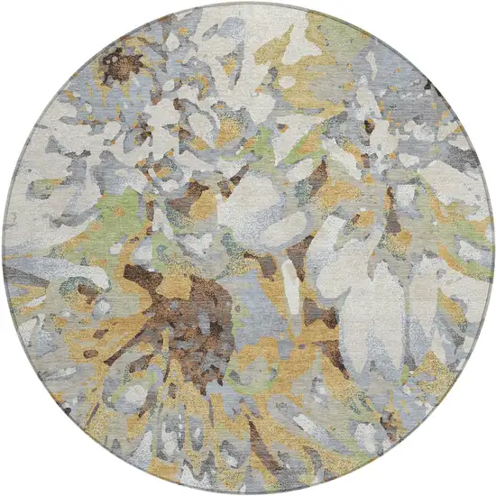 8' Wheat Ivory And Gray Round Floral Washable Indoor Outdoor Area Rug Photo 2