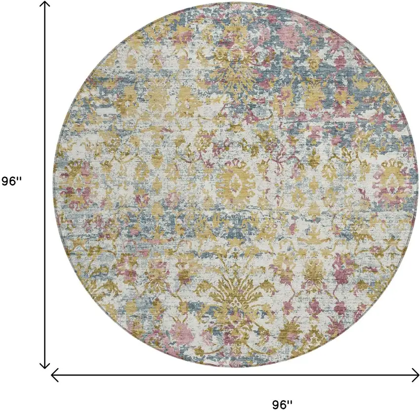 8' Wheat Ivory And Pink Round Abstract Washable Indoor Outdoor Area Rug Photo 9