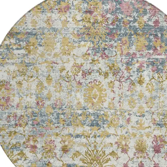 8' Wheat Ivory And Pink Round Abstract Washable Indoor Outdoor Area Rug Photo 5