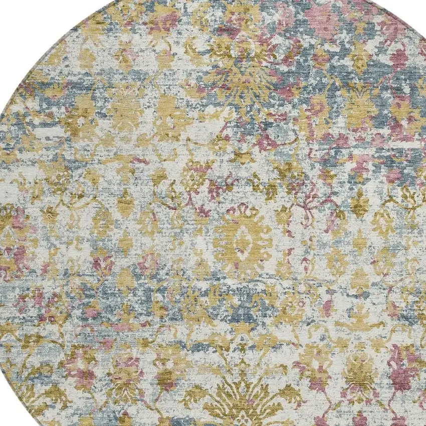 8' Wheat Ivory And Pink Round Abstract Washable Indoor Outdoor Area Rug Photo 5