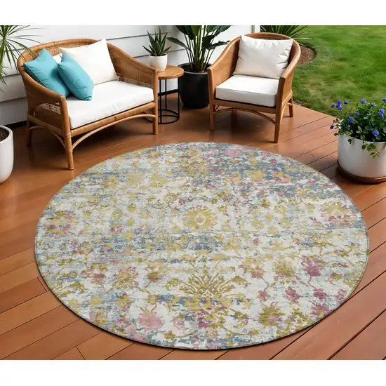 8' Wheat Ivory And Pink Round Abstract Washable Indoor Outdoor Area Rug Photo 2