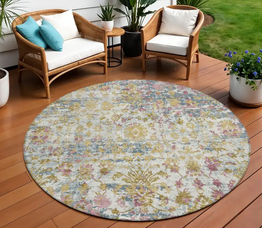 8' Wheat Ivory And Pink Round Abstract Washable Indoor Outdoor Area Rug Photo 2