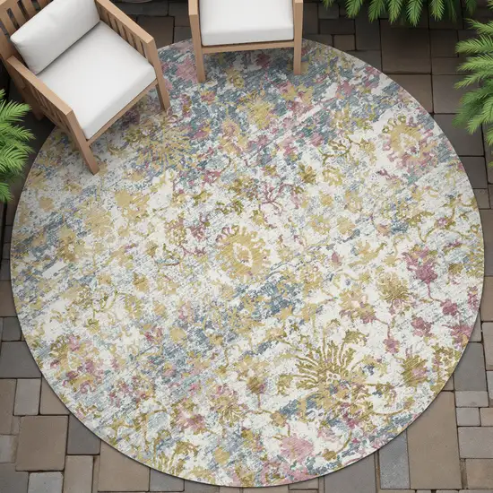 8' Wheat Ivory And Pink Round Abstract Washable Indoor Outdoor Area Rug Photo 7