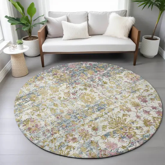 8' Wheat Ivory And Pink Round Abstract Washable Indoor Outdoor Area Rug Photo 8