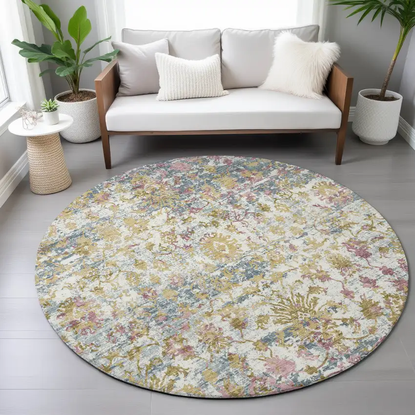 8' Wheat Ivory And Pink Round Abstract Washable Indoor Outdoor Area Rug Photo 8