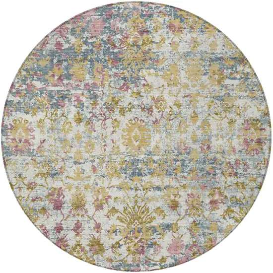 8' Wheat Ivory And Pink Round Abstract Washable Indoor Outdoor Area Rug Photo 3