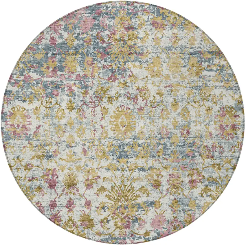 8' Wheat Ivory And Pink Round Abstract Washable Indoor Outdoor Area Rug Photo 3