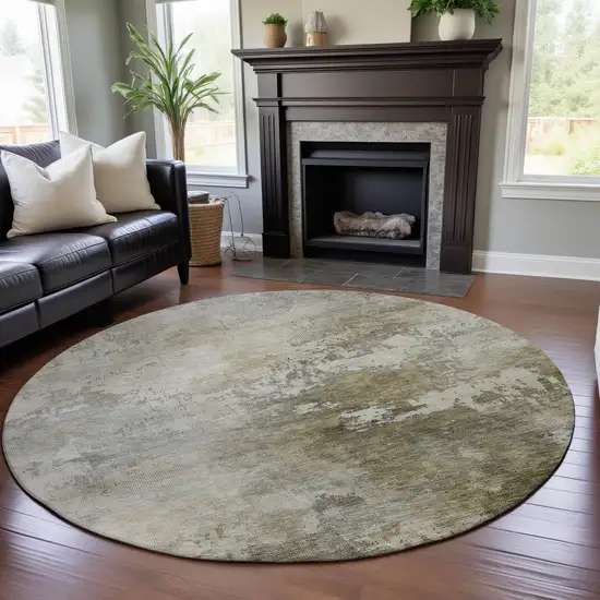 8' Wheat Ivory And Taupe Abstract Washable Round Rug With UV Protection Photo 4