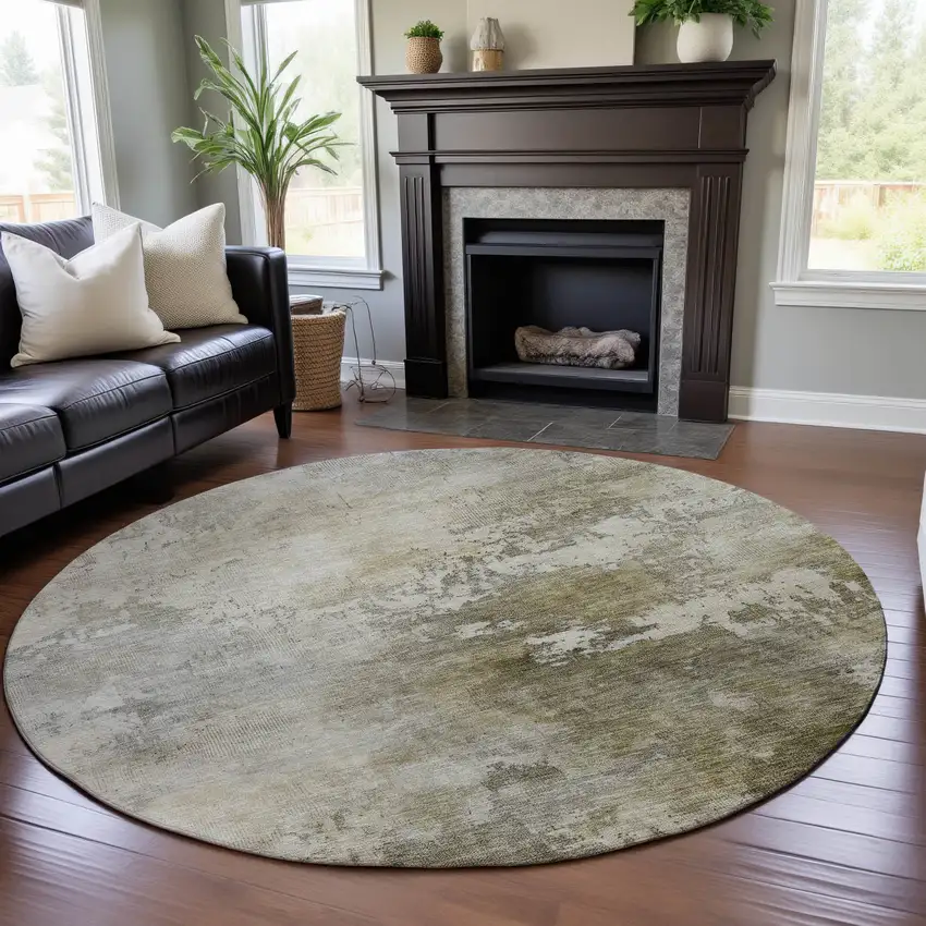 8' Wheat Ivory And Taupe Abstract Washable Round Rug With UV Protection Photo 4