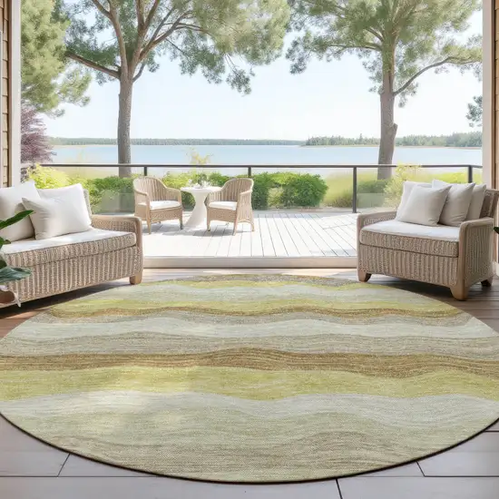 8' Wheat Khaki And Beige Round Striped Washable Indoor Outdoor Area Rug Photo 4