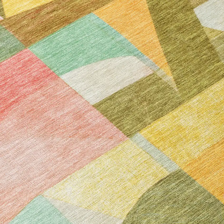 8' Wheat Orange Green And Ivory Round Abstract Washable Indoor Outdoor Area Rug Photo 9