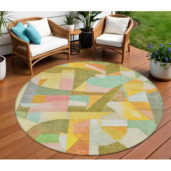 8' Wheat Orange Green And Ivory Round Abstract Washable Indoor Outdoor Area Rug Photo 2
