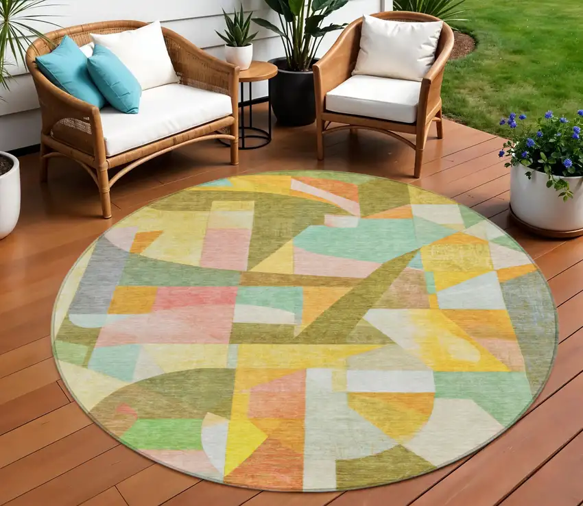 8' Wheat Orange Green And Ivory Round Abstract Washable Indoor Outdoor Area Rug Photo 2