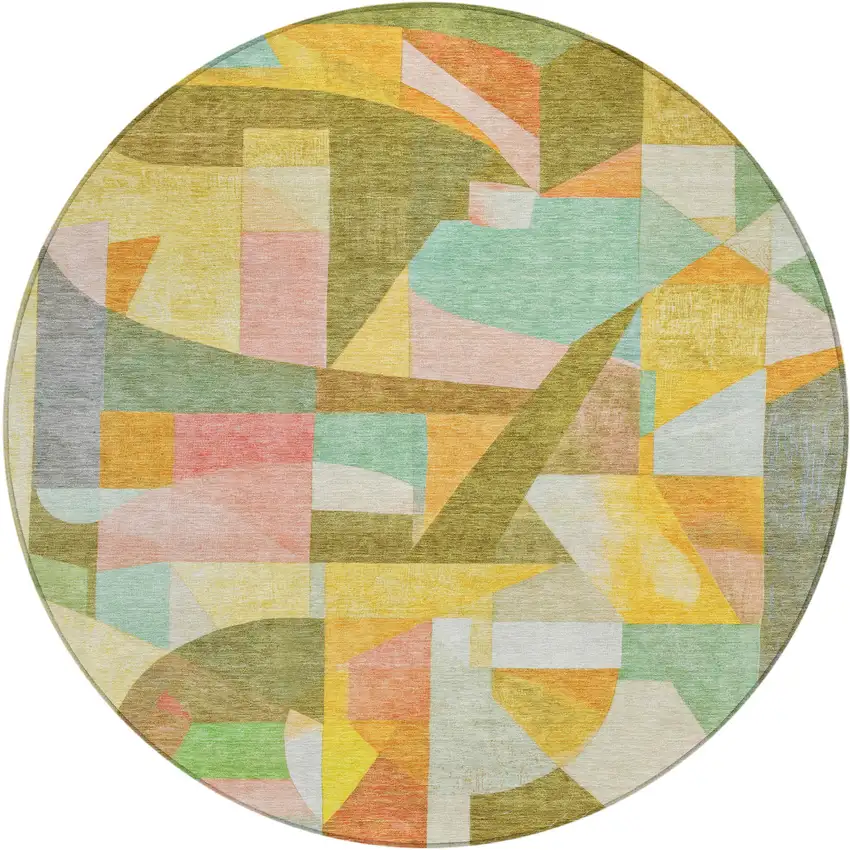 8' Wheat Orange Green And Ivory Round Abstract Washable Indoor Outdoor Area Rug Photo 1