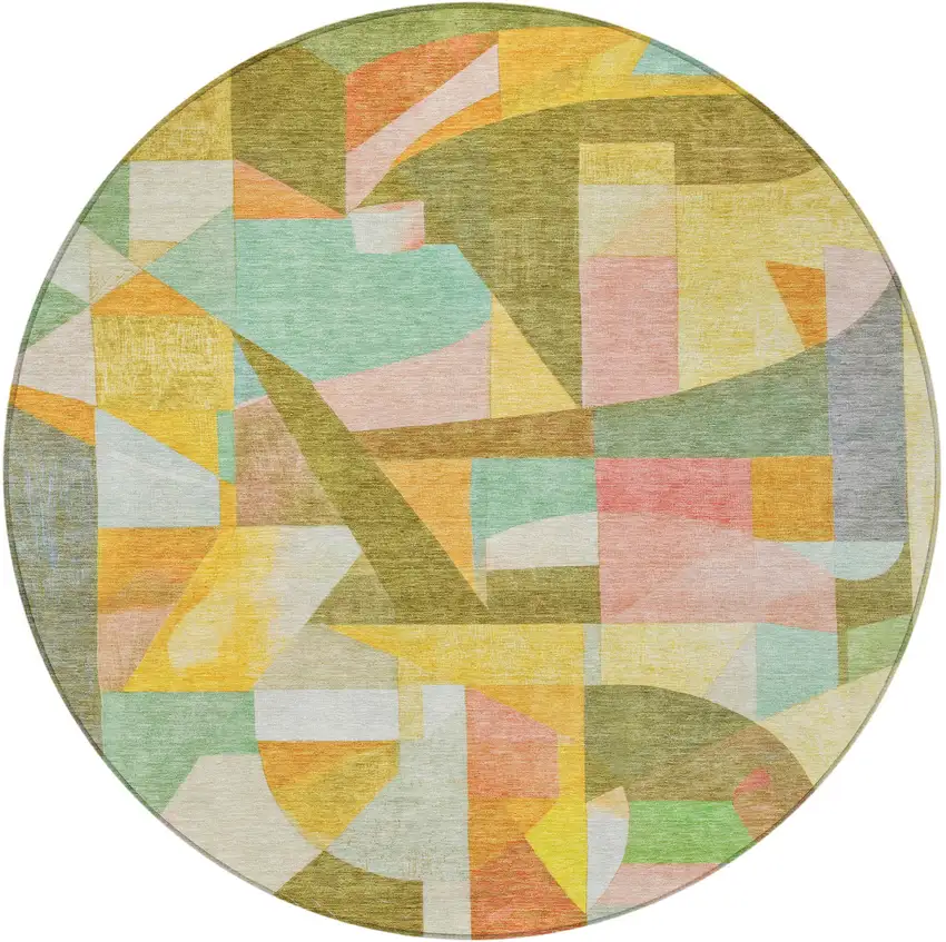 8' Wheat Orange Green And Ivory Round Abstract Washable Indoor Outdoor Area Rug Photo 4
