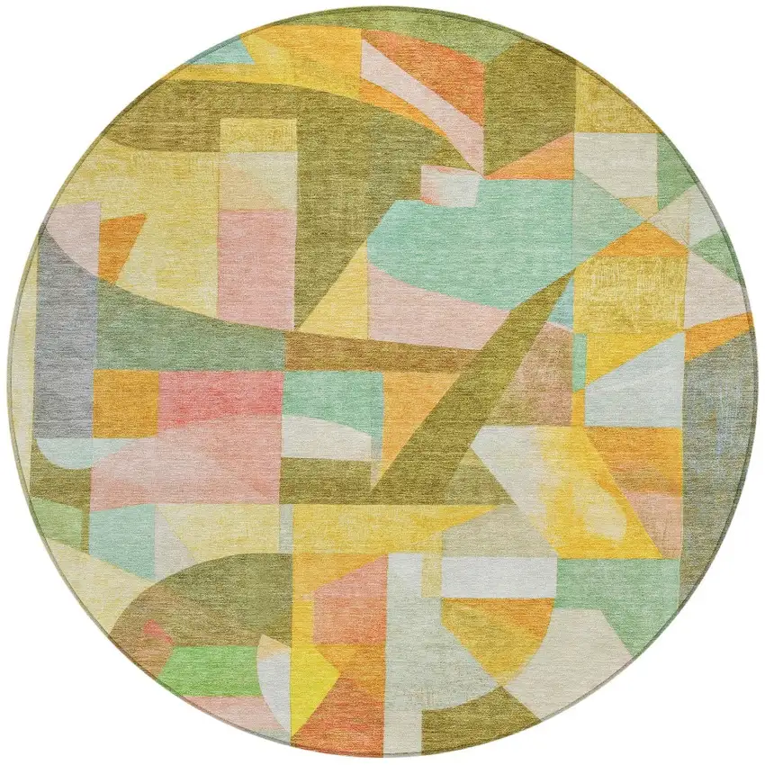 8' Wheat Orange Green And Ivory Round Abstract Washable Indoor Outdoor Area Rug Photo 3