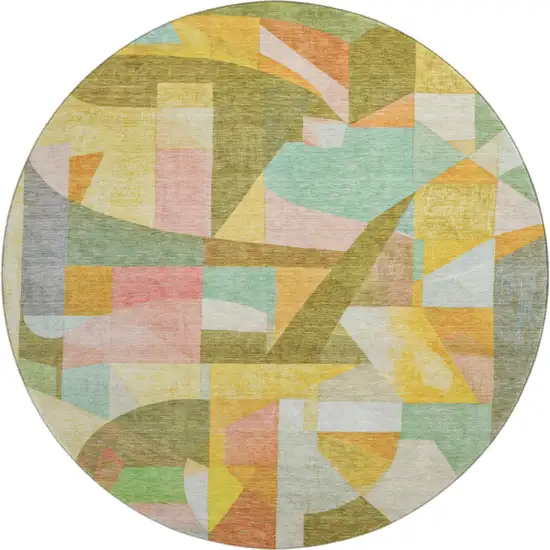 8' Wheat Pink And Olive Green Abstract Washable Round Rug With UV Protection Photo 1