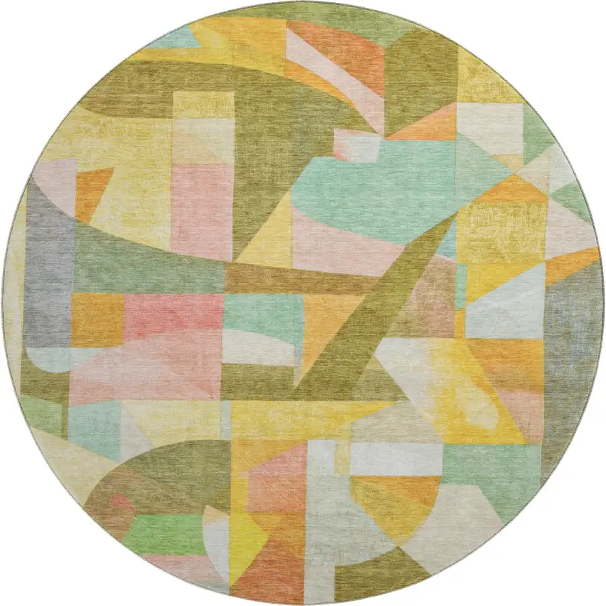 8' Wheat Pink And Olive Green Abstract Washable Round Rug With UV Protection Photo 1