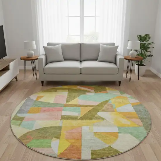 8' Wheat Pink And Olive Green Abstract Washable Round Rug With UV Protection Photo 2