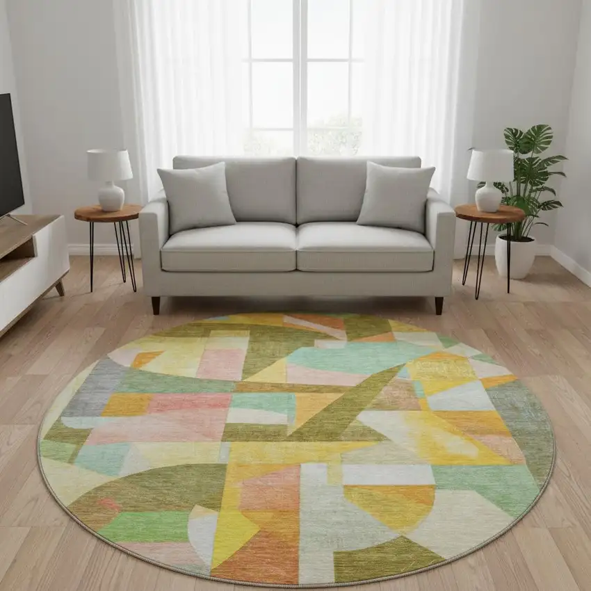 8' Wheat Pink And Olive Green Abstract Washable Round Rug With UV Protection Photo 2