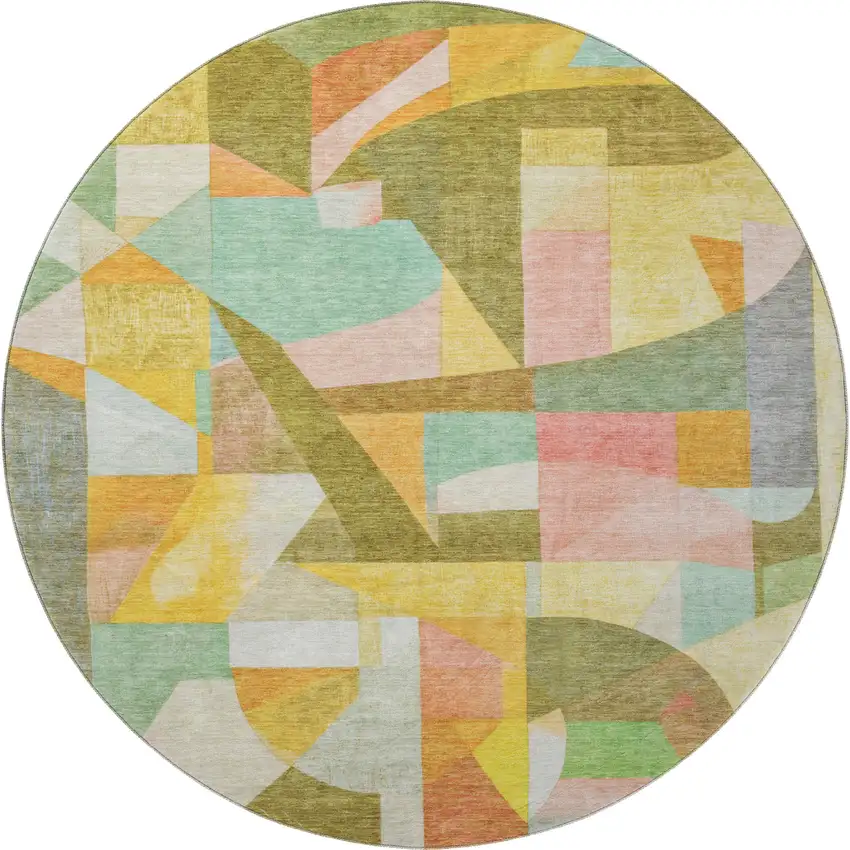 8' Wheat Pink And Olive Green Abstract Washable Round Rug With UV Protection Photo 3