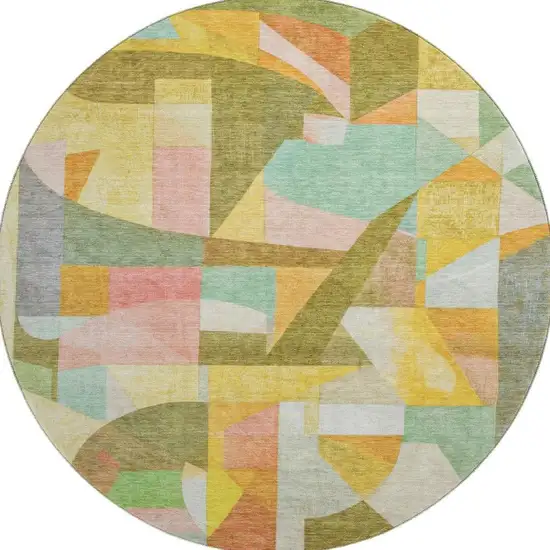 8' Wheat Pink And Olive Green Abstract Washable Round Rug With UV Protection Photo 2