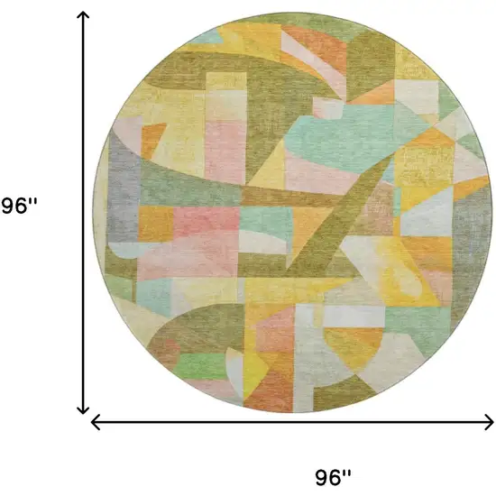 8' Wheat Pink And Olive Green Abstract Washable Round Rug With UV Protection Photo 9