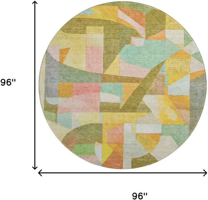8' Wheat Pink And Olive Green Abstract Washable Round Rug With UV Protection Photo 9