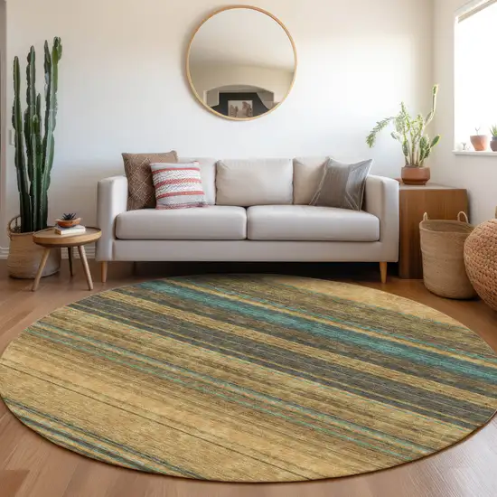 8' Wheat Teal And Brown Striped Washable Round Rug With UV Protection Photo 4