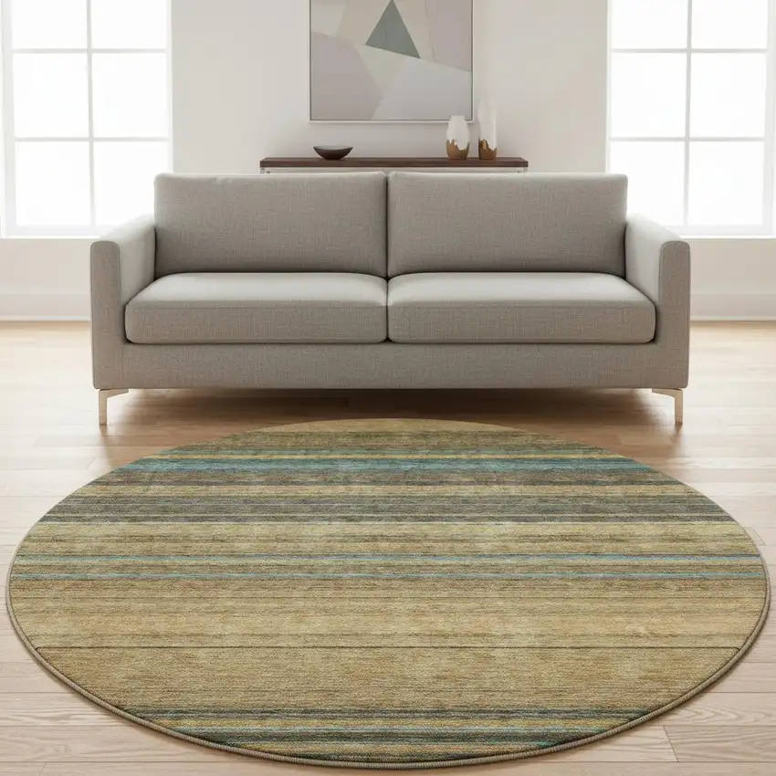 8' Wheat Teal And Brown Striped Washable Round Rug With UV Protection Photo 2