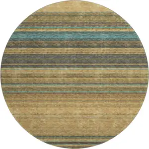 Photo of 8' Wheat Teal And Brown Striped Washable Round Rug With UV Protection