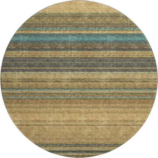 8' Wheat Teal And Brown Striped Washable Round Rug With UV Protection Photo 1