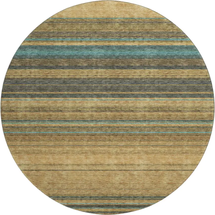8' Wheat Teal And Brown Striped Washable Round Rug With UV Protection Photo 1
