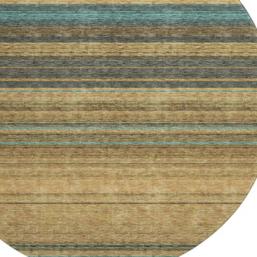 8' Wheat Teal And Brown Striped Washable Round Rug With UV Protection Photo 2