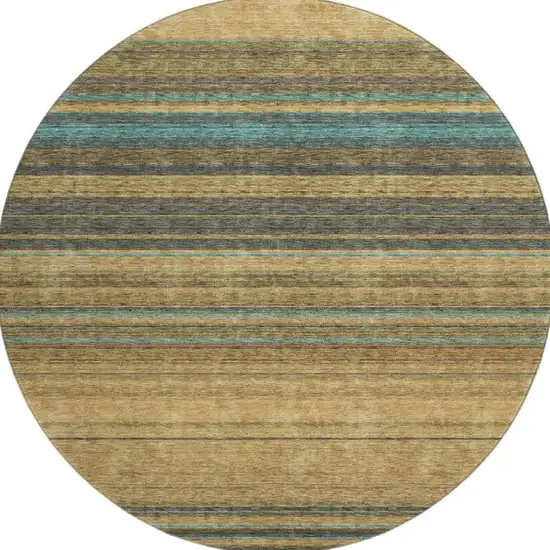 8' Wheat Teal And Brown Striped Washable Round Rug With UV Protection Photo 3