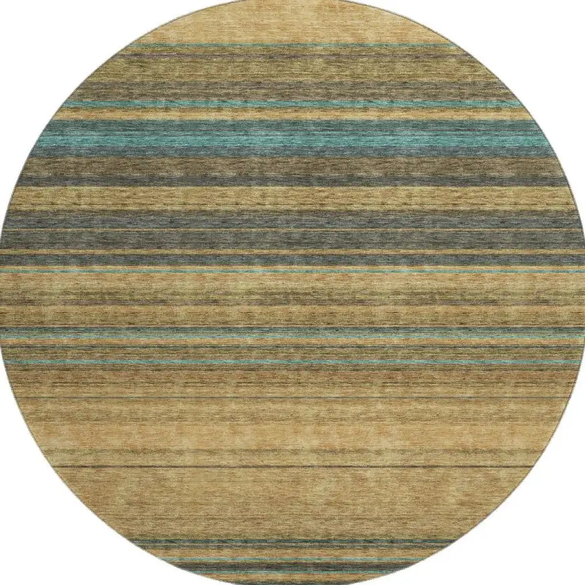 8' Wheat Teal And Brown Striped Washable Round Rug With UV Protection Photo 3