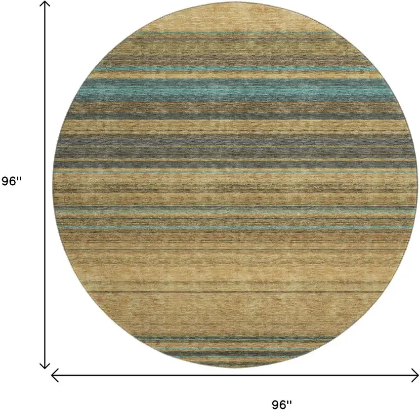 8' Wheat Teal And Brown Striped Washable Round Rug With UV Protection Photo 9