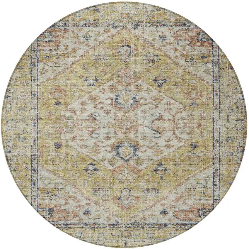 8' Wheat Terra Cotta And Black Round Oriental Washable Indoor Outdoor Area Rug Photo 6