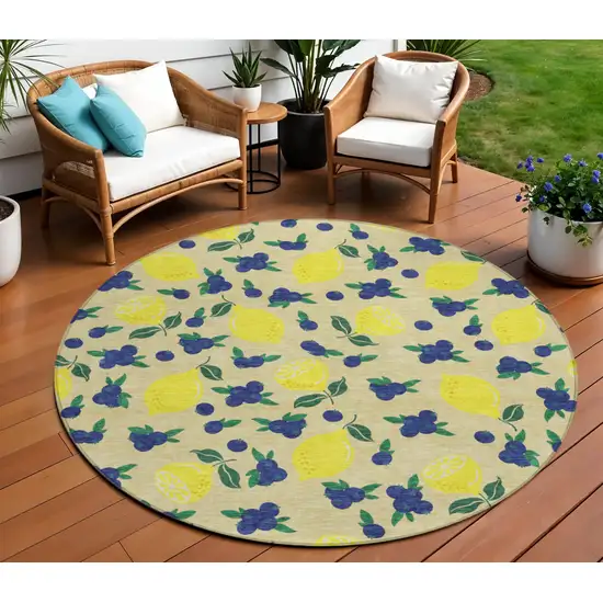 8' Wheat Yellow And Blue Round Lemons Washable Indoor Outdoor Area Rug Photo 1