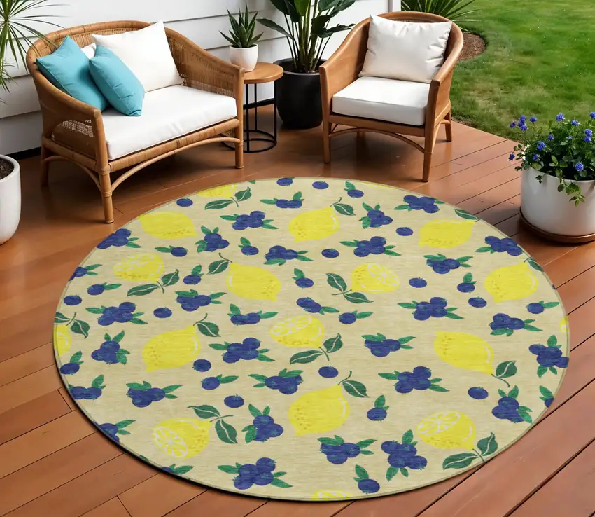 8' Wheat Yellow And Blue Round Lemons Washable Indoor Outdoor Area Rug Photo 1