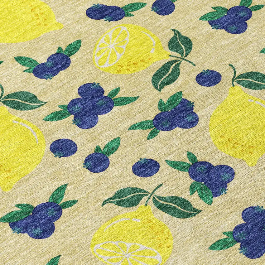 8' Wheat Yellow And Blue Round Lemons Washable Indoor Outdoor Area Rug Photo 5