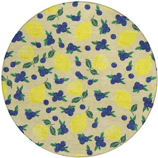 8' Wheat Yellow And Blue Round Lemons Washable Indoor Outdoor Area Rug Photo 3