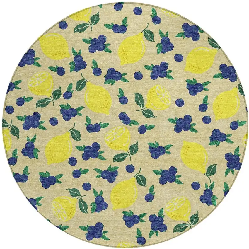 8' Wheat Yellow And Blue Round Lemons Washable Indoor Outdoor Area Rug Photo 3