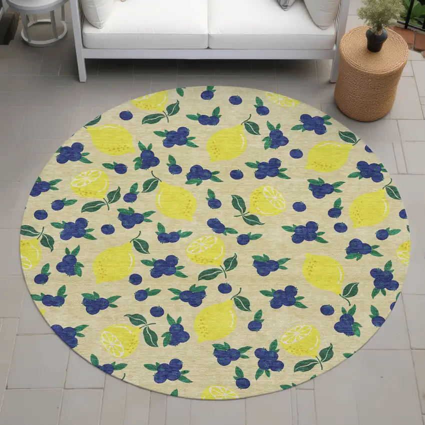 8' Wheat Yellow And Blue Round Lemons Washable Indoor Outdoor Area Rug Photo 8