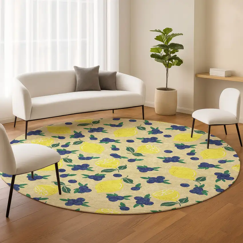 8' Wheat Yellow And Blue Round Lemons Washable Indoor Outdoor Area Rug Photo 9