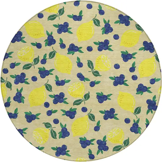 8' Wheat Yellow And Blue Round Lemons Washable Indoor Outdoor Area Rug Photo 2