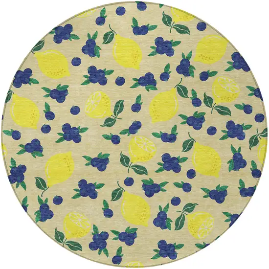 8' Wheat Yellow And Blue Round Lemons Washable Indoor Outdoor Area Rug Photo 4
