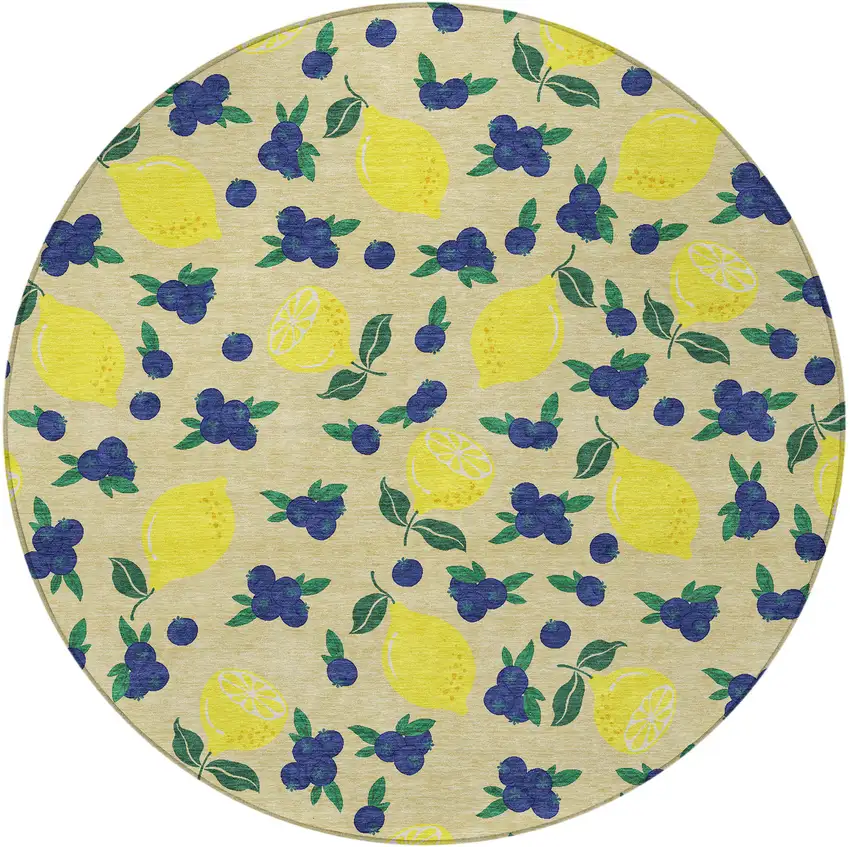 8' Wheat Yellow And Blue Round Lemons Washable Indoor Outdoor Area Rug Photo 4