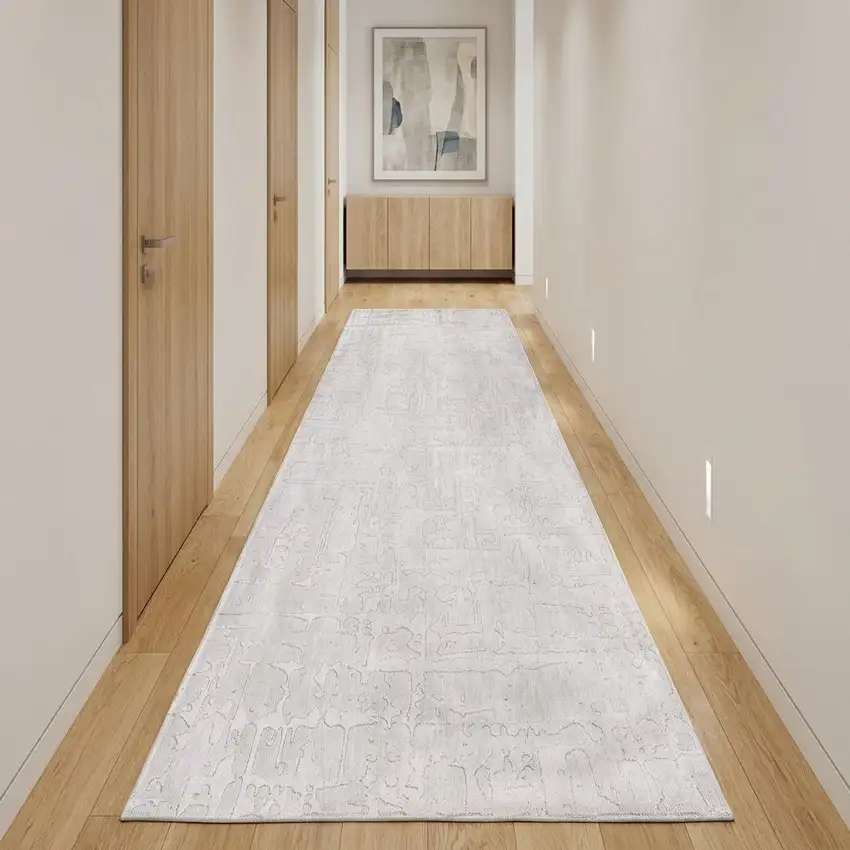 10' White Abstract Runner Rug Photo 1