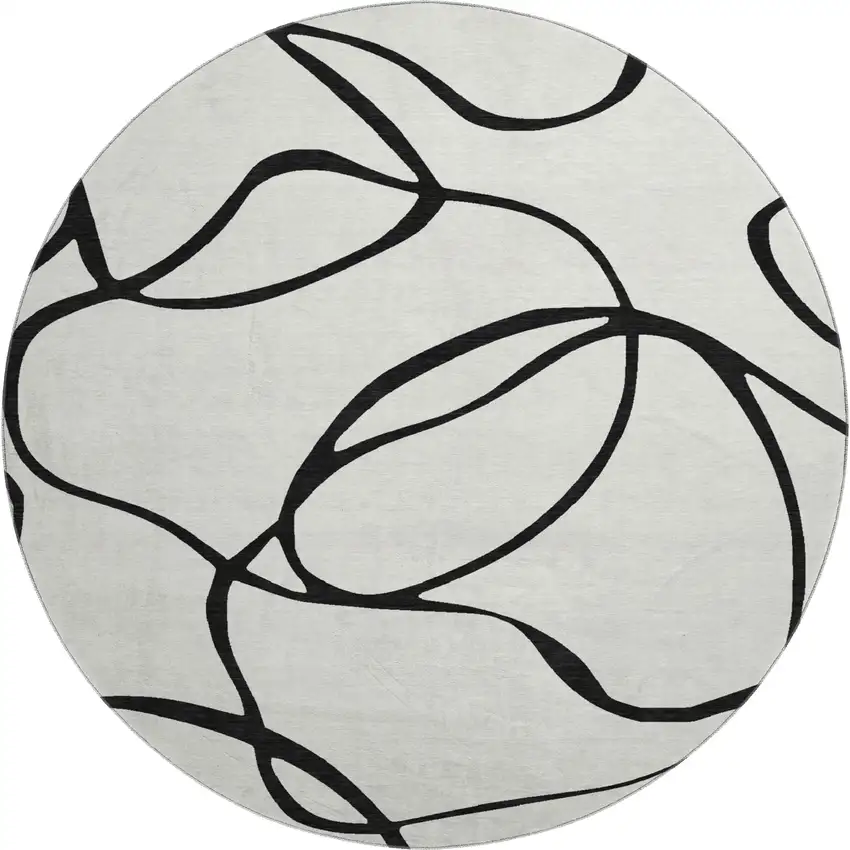 8' White And Black Abstract Washable Round Rug With UV Protection Photo 1